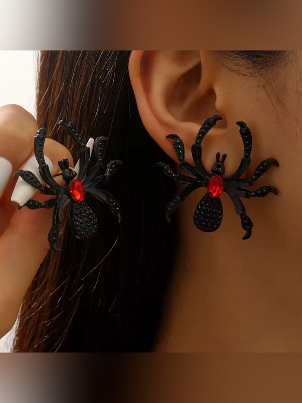 Black Spider Earrings with Red Gem Accent - Gothic Statement Studs